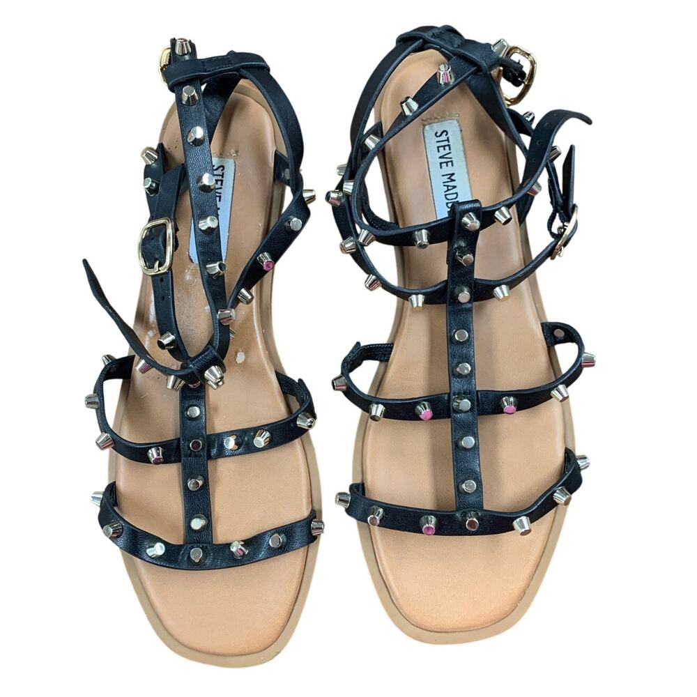 Steve Madden Womens Size 7.5 Black Studded Sandal Open Square Ankle Strap Shoes - Picture 2 of 4